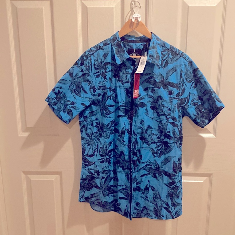 Blue floral mens button down collar summer tee